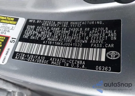 2018 Toyota Camry Le from USA, damaged, VIN 4T1B11HK6JU041532